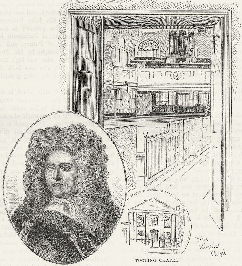 TOOTING. Defoe; Tooting Chapel 1888 old antique vintage print picture